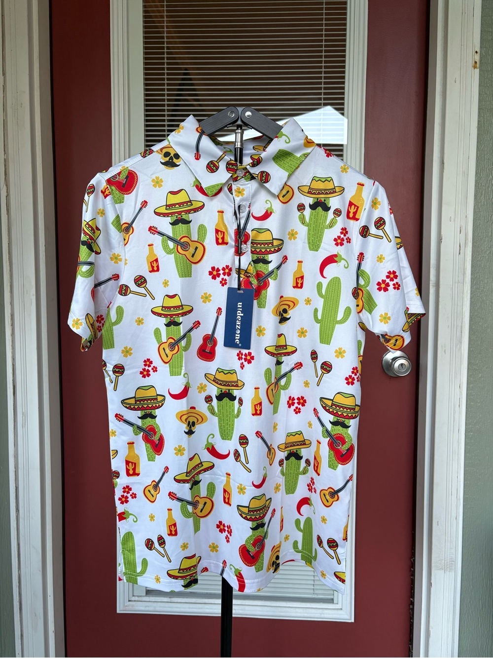 Men's White Cactus & Guitar Print Polo Shirt